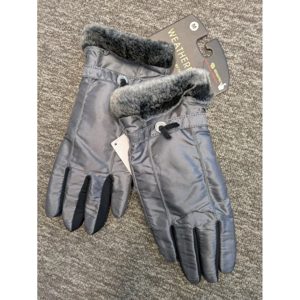 Weatherproof Womens Sensatec Touch Screen Gloves‎ Gray Faux Fur Trim Size M NEW